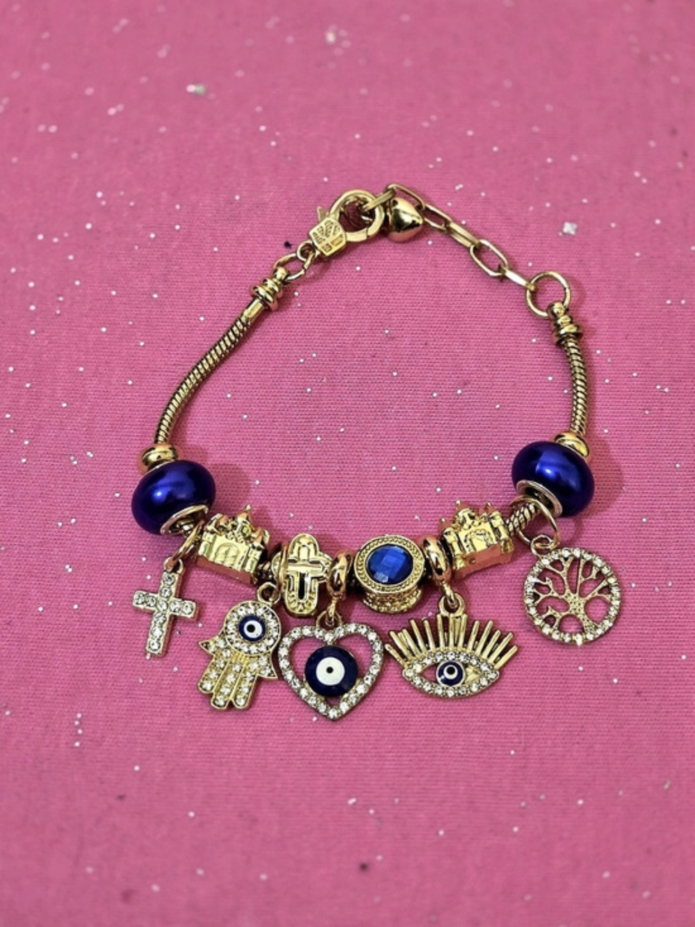 Gold Tone Snake Chain Charm Bracelet w Hamsa hand, Evil Eye, Tree of Life, ect